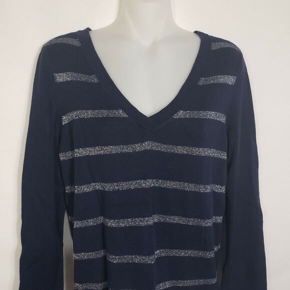 Tommy Hilfiger Women's Sweater Small Navy Blue Silver Stripe V Neck Wool Blend - Picture 3 of 10
